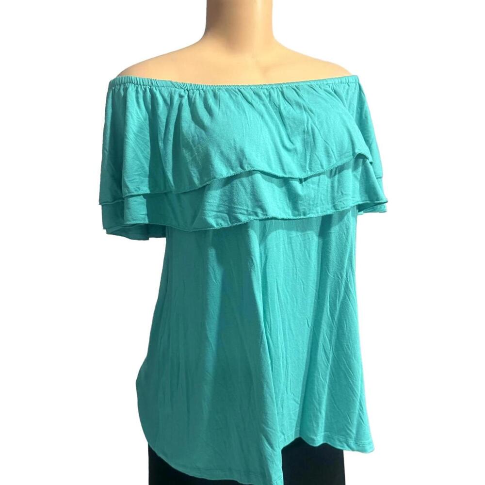 Chelsea & Theodore Off-Shoulder Ruffle Layered Top in Turquoise‎